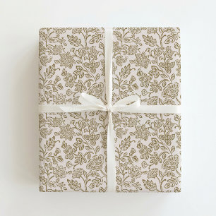 Boho Gold Floral Cream Background Holiday Wrapping Paper