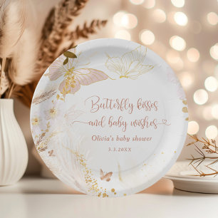 Boho gold foil butterfly kisses baby shower paper plate