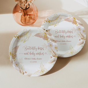Boho gold foil butterfly kisses baby shower paper plate