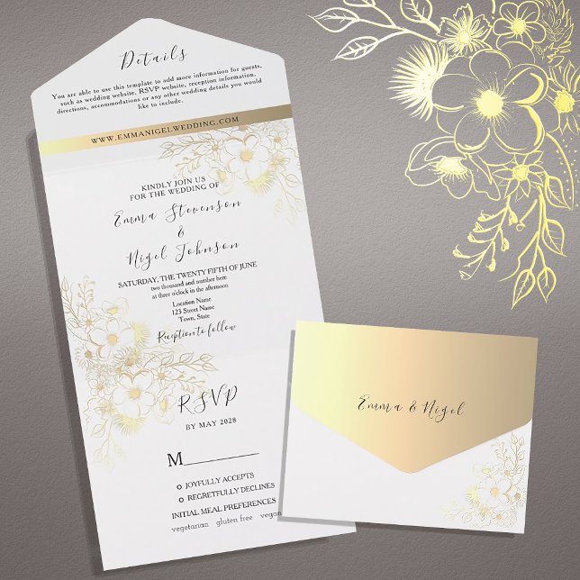 Boho Gold Gilded Floral Wedding All In One Invitation (Creator Uploaded)