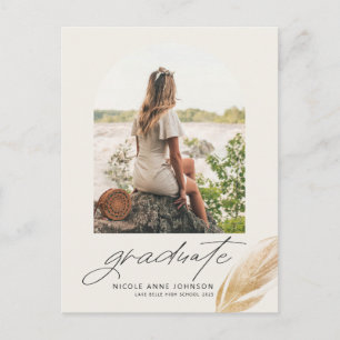 Boho Gold Glitter Feather Photo Graduation Announcement Postcard
