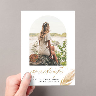 Boho Gold Glitter Feather White Photo Graduation Acrylic Invitations