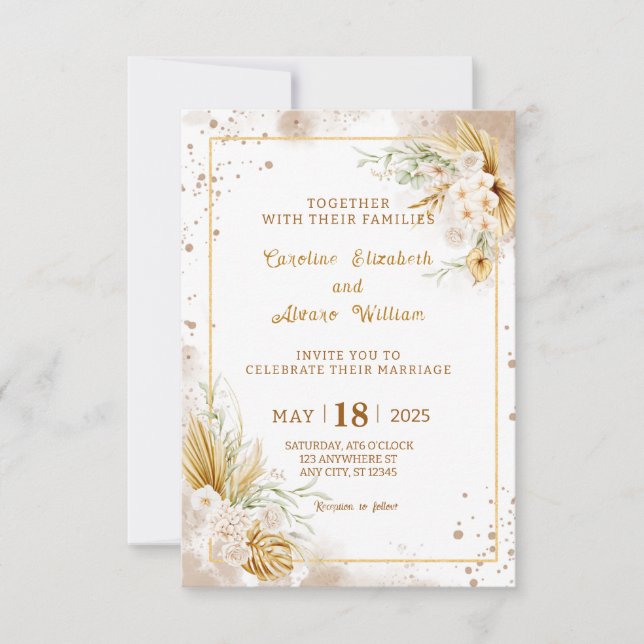 Boho Gold Glitter Pampas Grass & Orchid Wedding  Invitation (Front)