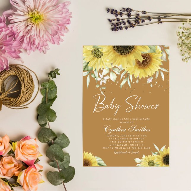 Boho Gold Glitter Sunflower Floral Baby Shower  Invitation (Creator Uploaded)