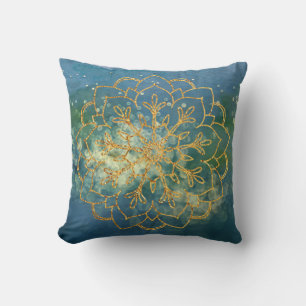 Boho Gold Mandala Blue Green Watercolor Glitter Cushion
