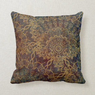 Boho Gold Mandala Pattern Over Blue Red Grunge Cushion