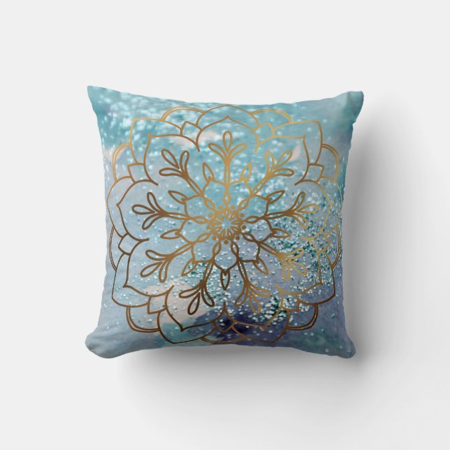 Boho Gold Mandala Pattern Teal Watercolor Glitter Cushion (Front)