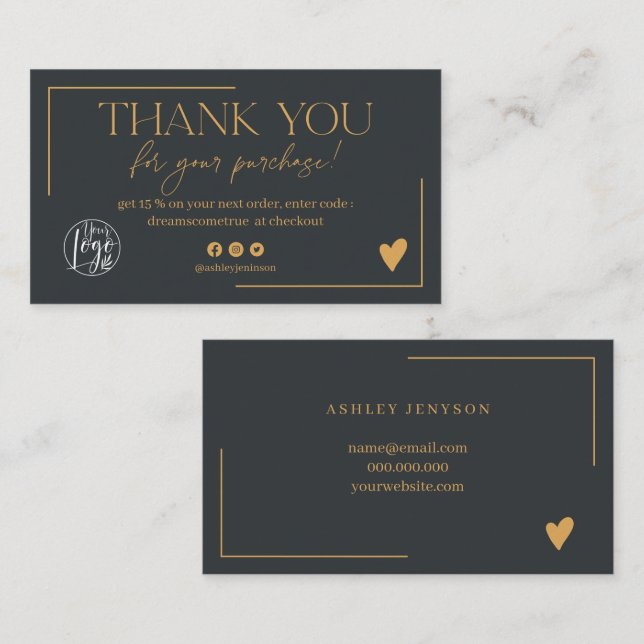 Boho gold navy blue script order thank you business card (Front/Back)