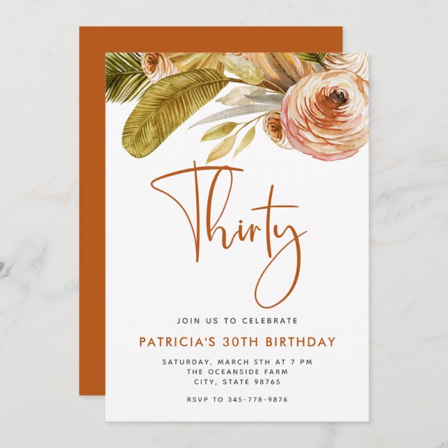 Boho Gold Pink Floral 30th Birthday Party Invitation (Front/Back)