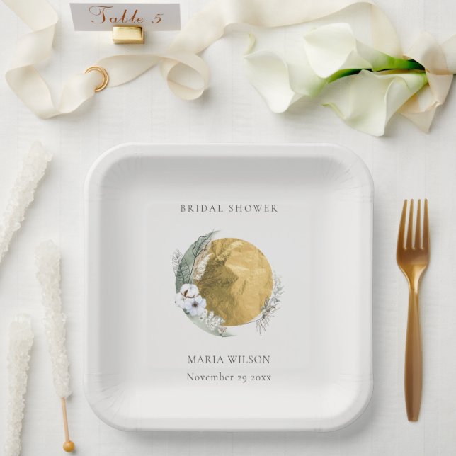 Boho Gold Saga Green Floral Wreath Bridal Shower Paper Plate (Wedding)