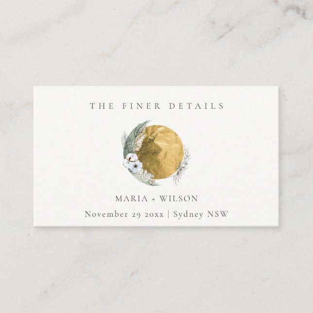 Boho Gold Saga Green Floral Wreath Wedding Website Business Card (Front)