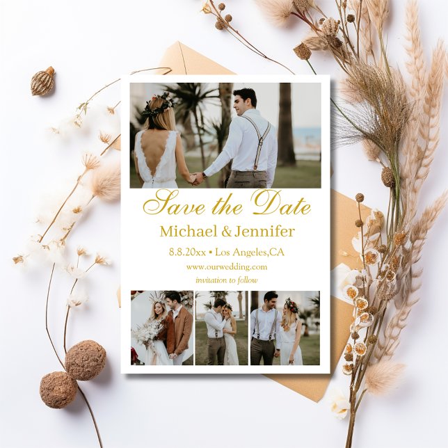 Boho Gold Script | 4 Photo Collage Save the Date  Invitation (Creator Uploaded)