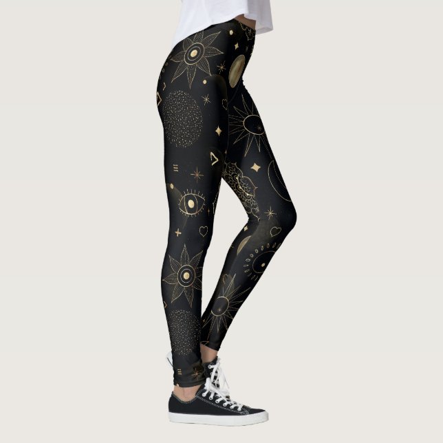 Boho Gold Space doodles Black Design Leggings (Right)