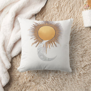 Boho Gold Sun Moon Celestial Throw Pillow