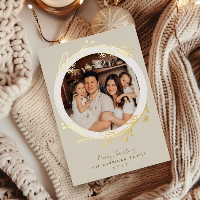 Boho Golden Wreath Photo Gold Foil Holiday Card (Boho Golden Wreath Photo Gold Foil Holiday Card)
