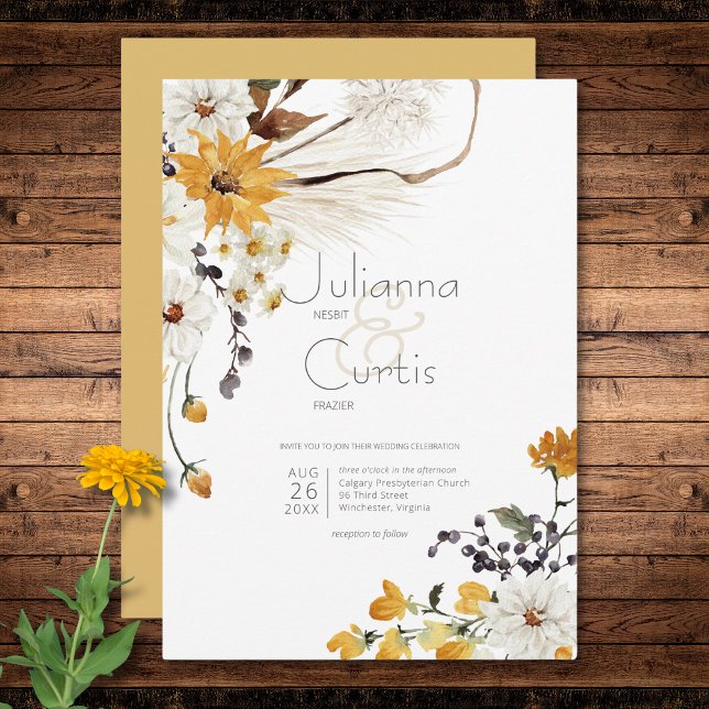 Boho Golden Yellow Meadow Flowers Gold Wedding Invitation (Boho Golden Yellow Meadow Flowers Gold Wedding Invitation)
