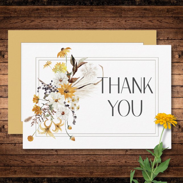 Boho Golden Yellow Meadow Flowers Gold Wedding Thank You Card (Boho Golden Yellow Meadow Flowers Gold Wedding Thank You Card)