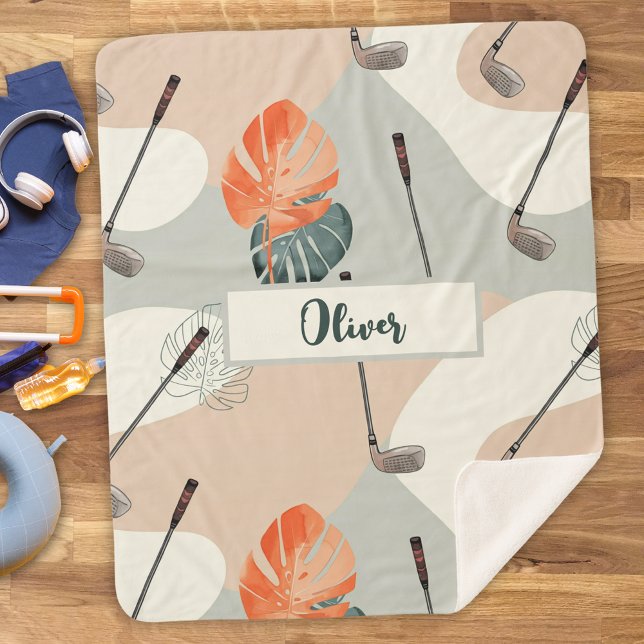 Boho Golf Clubs Pattern with Tropical Leaves Sherpa Blanket (Creator Uploaded)