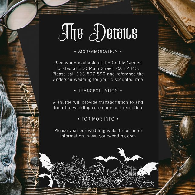 Boho Gothic Botanical Black Wedding Details Enclosure Card (Creator Uploaded)