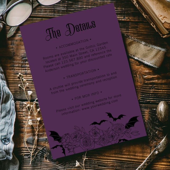 Boho Gothic Botanical Wedding Details Purple Enclosure Card (Creator Uploaded)