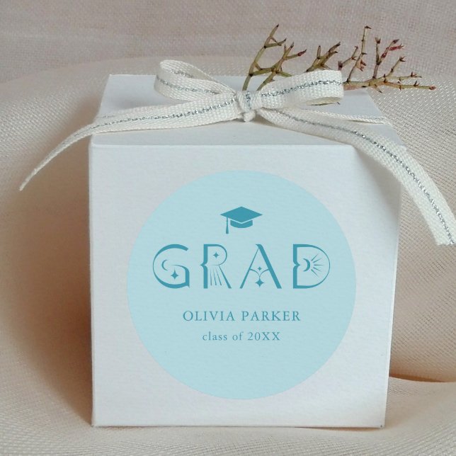 Boho GRAD Typography Blue Classic Round Sticker (Creator Uploaded)