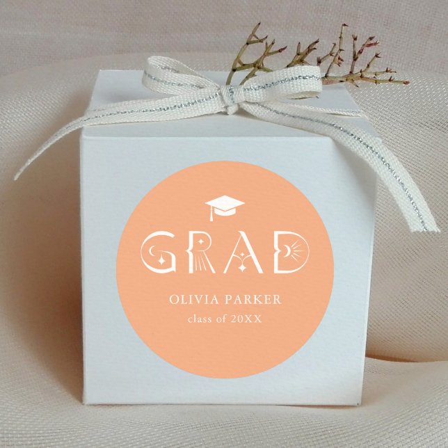 Boho GRAD Typography Peach Classic Round Sticker (Creator Uploaded)