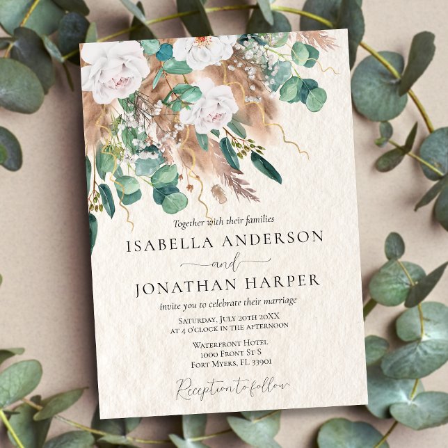 Boho Green and Beige Eucalyptus Pampas Wedding Invitation (Creator Uploaded)