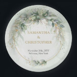 Boho green and gold eucalyptus foliage chic paper plate<br><div class="desc">Get ready to elevate your wedding decor with these boho green and gold eucalyptus foliage chic paper plates! Perfect for adding a touch of adventure and whimsy to your special day, these plates are not your average wedding tableware. Infused with a vibrant bohemian charm, the intricate eucalyptus foliage design in...</div>