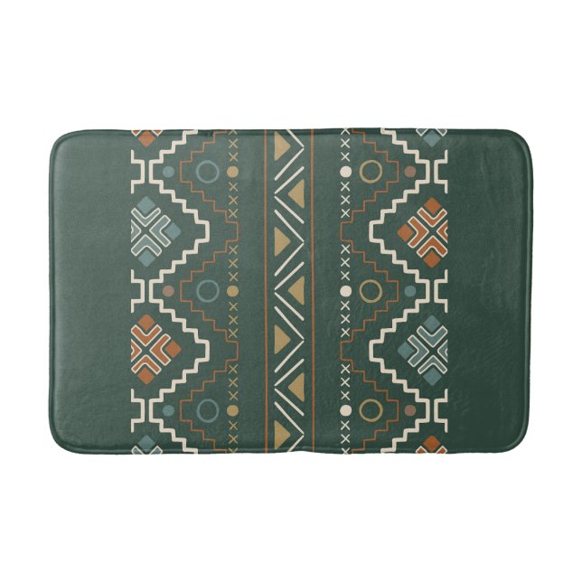 Boho Green and Terracotta Brown Tribal Pattern Bath Mat (Front)