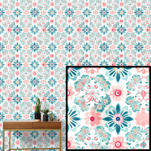 Boho Green Aqua Pink Flowers Abstract Floral Wallpaper