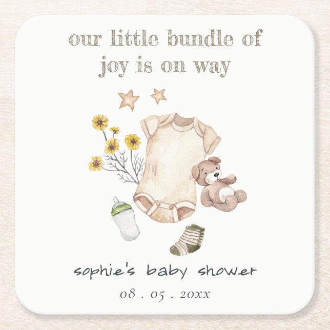 Boho Green Baby Clothes Gender Neutral Baby Shower Square Paper Coaster (Front)
