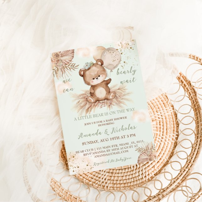 Boho Green Bear Baby Shower Invitation (Creator Uploaded)