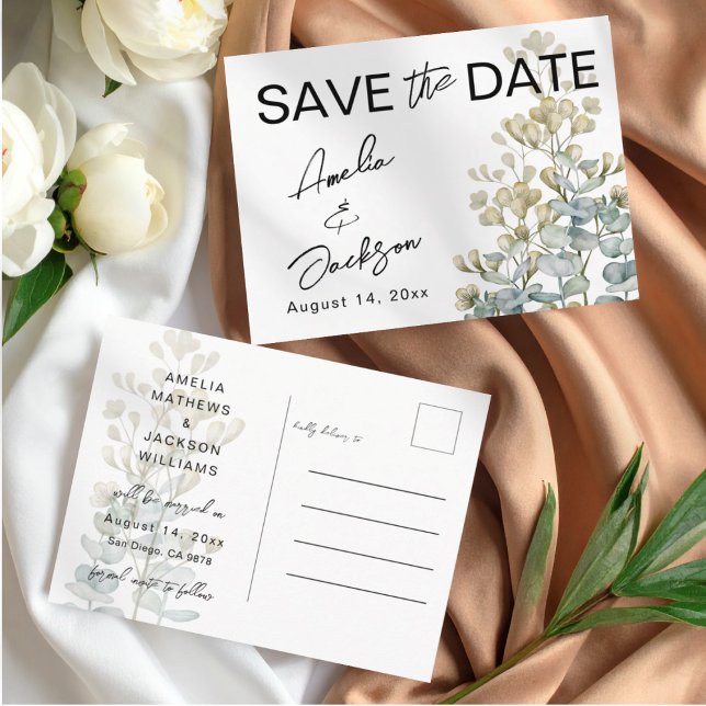 Boho Green & beige Botanical Save the Date Announcement Postcard (Creator Uploaded)