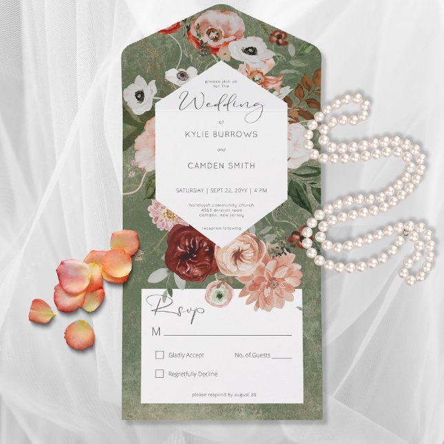 Boho Green Burgundy Fall Floral No Dinner All In One Invitation (Creator Uploaded)