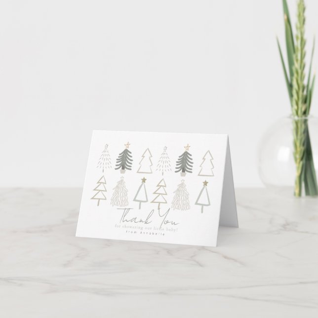 Boho Green Christmas Trees Baby Shower Thank You Card (Front)