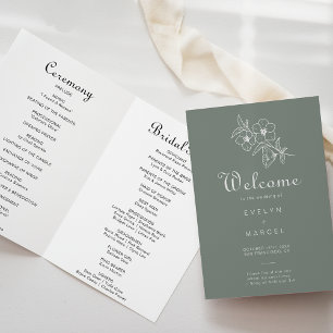 Boho Green Destination Floral Folded Wedding  Programme