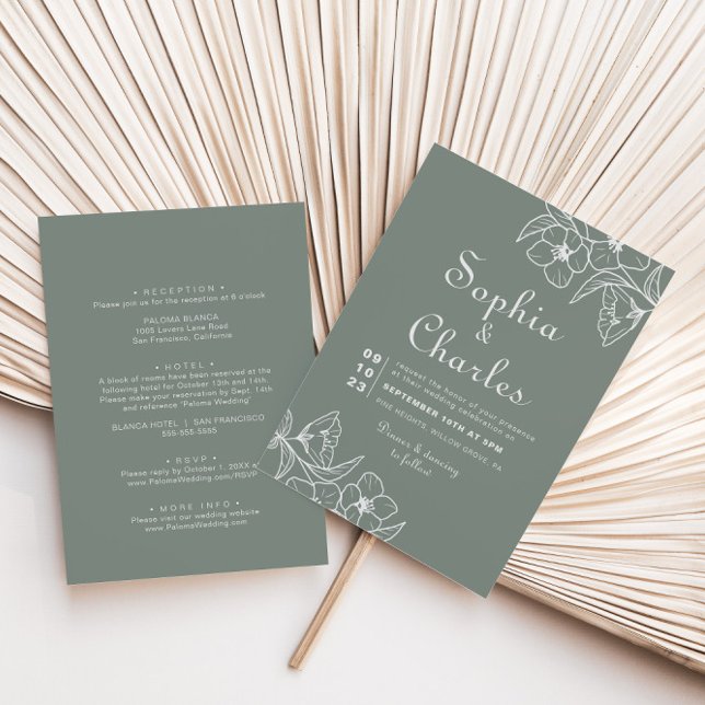 Boho Green Destination Floral Front Back Wedding  Invitation (Creator Uploaded)