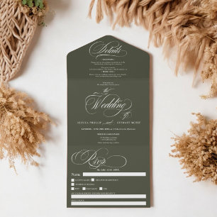 Boho green elegant script calligraphy wedding all in one invitation