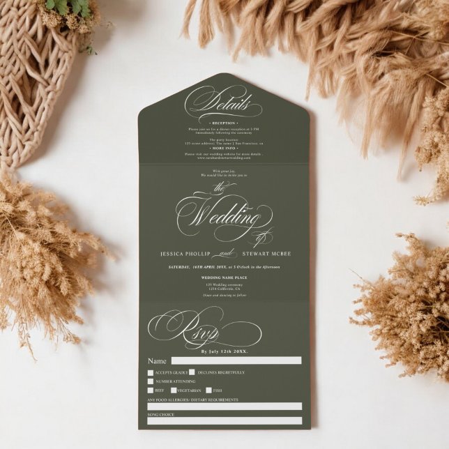 Boho green elegant script calligraphy wedding all in one invitation (Boho green elegant script calligraphy wedding all in one invitation)