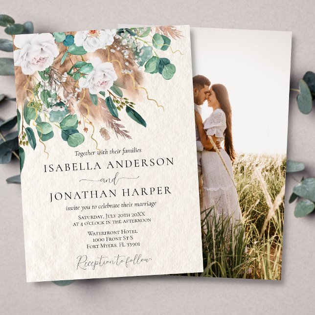 Boho Green Eucalyptus Beige Pampas Photo Wedding Invitation (Creator Uploaded)