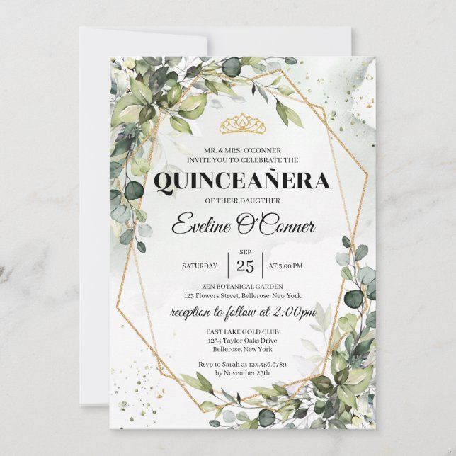 Boho green eucalyptus gold frame princess crown  invitation (Front)