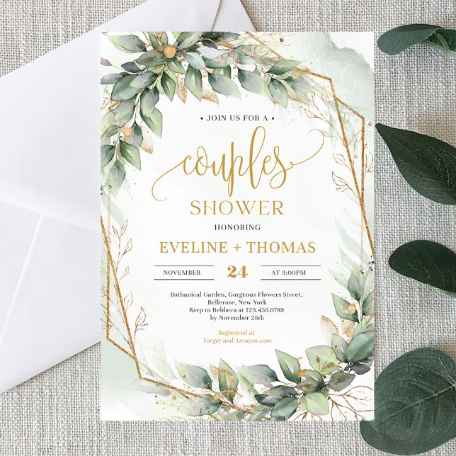 Boho green eucalyptus gold glitter couples shower invitation (Boho watercolor green eucalyptus and gold glitter couples shower invitation)