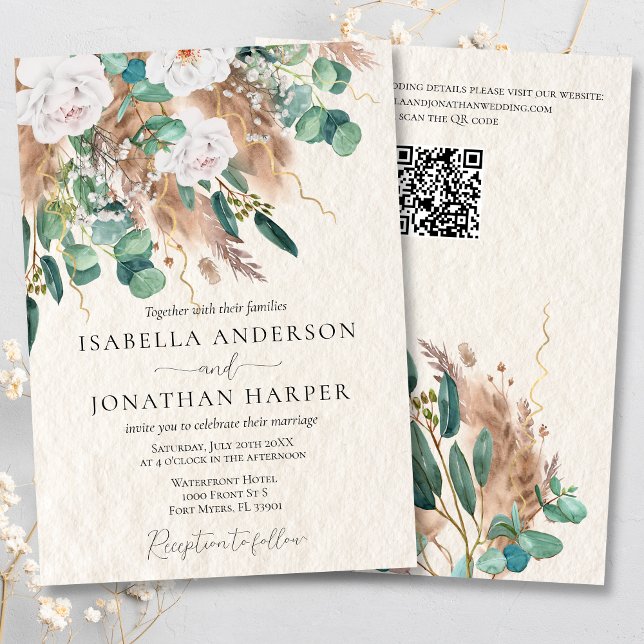 Boho Green Eucalyptus Pampas Grass QR Code Wedding Invitation (Creator Uploaded)