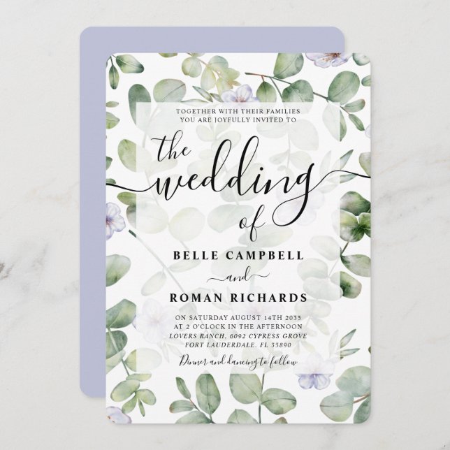 Boho Green Eucalyptus & Purple Floral Wedding  Invitation (Front/Back)
