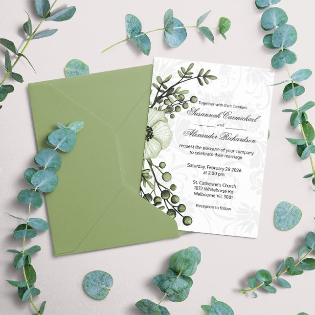 Boho Green Floral Berries Damask Wedding Invitation (Creator Uploaded)