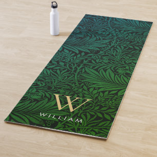 Boho Green Floral Gold Monogram Name Yoga Mat