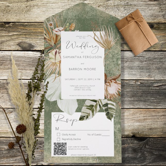 Boho Green Floral Grass QR Code All In One Invitation (Creator Uploaded)