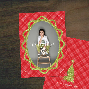 Boho Green Glitter & Plaid Oval Photo Christmas Holiday Card