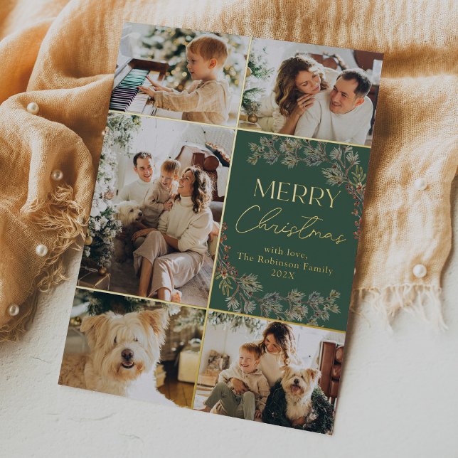 Boho Green Gold 5 Photo Family Christmas Card (Creator Uploaded)