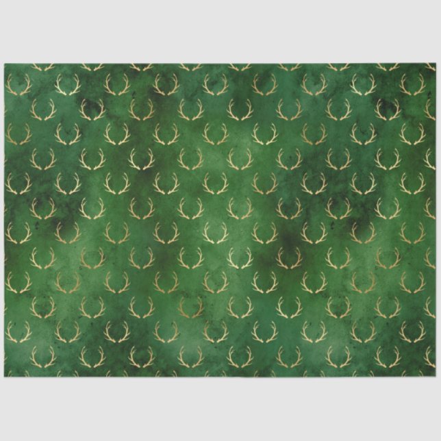 Boho Green Gold Antlers Christmas Tissue Paper (Front)
